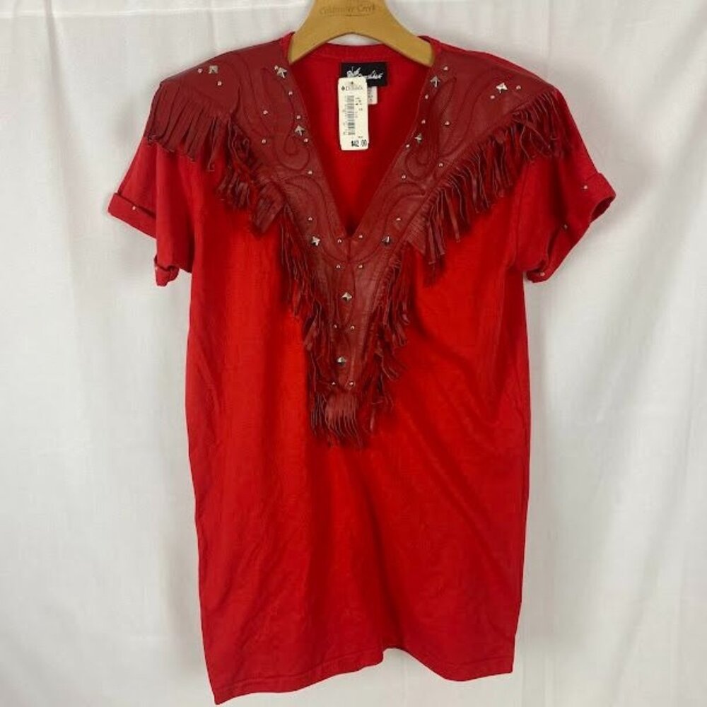 Rare Xperiance Red Faux Leather‎ Studded Fringe Top NWT Women's Small.